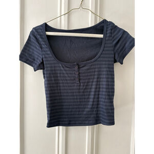 DAZY womens Navy Blue Dark Grey Striped Short Sleeve Crop Top S